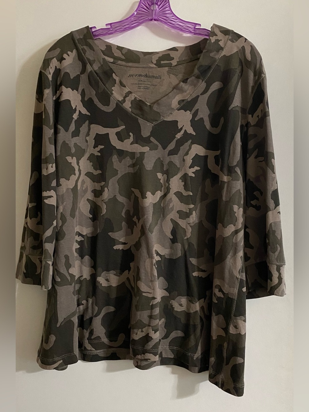 Norma Kamali Camouflage V-Neck Long Sleeve Top - Olive, Gray